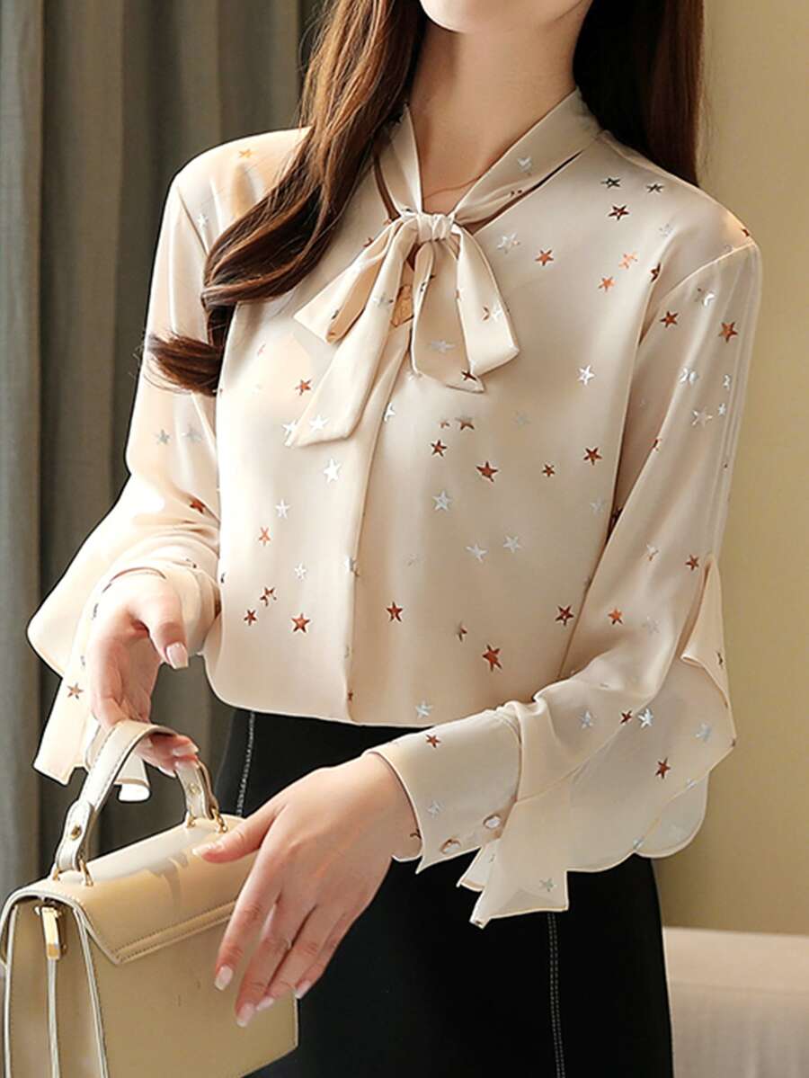 Blusa con patrón de estrella de cuello con cordón - Albaricoque - Ver 1
