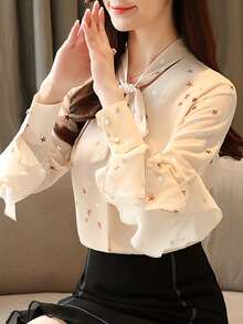 Blusa con patrón de estrella de cuello con cordón - Albaricoque - Ver 3