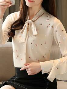 Blusa con patrón de estrella de cuello con cordón - Albaricoque - Ver 5