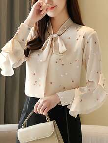 Blusa con patrón de estrella de cuello con cordón - Albaricoque - Ver 7