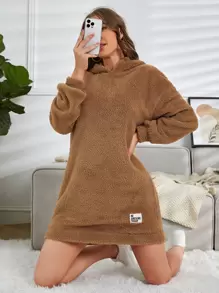 Muchica Letter Patched Drop Shoulder Hoodie Dress - Brown - View 1