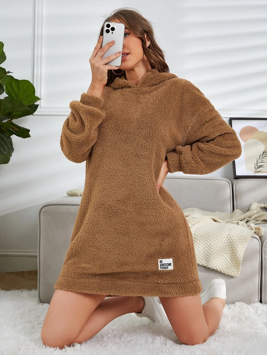 Muchica Letter Patched Drop Shoulder Hoodie Dress - Brown - View 1