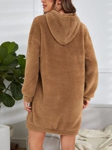 Muchica Letter Patched Drop Shoulder Hoodie Dress - Brown - View 2