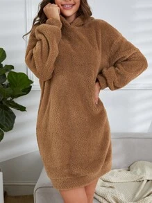 Muchica Letter Patched Drop Shoulder Hoodie Dress - Brown - View 6