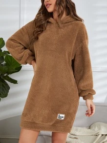 Muchica Letter Patched Drop Shoulder Hoodie Dress - Brown - View 5