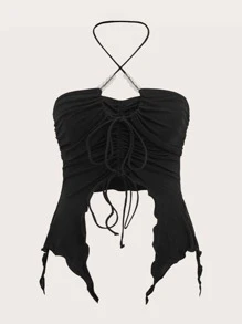 SHEIN X The Future X SHEIN ICON 大碼抽繩後背繫帶不對稱下擺掛脖上衣 - 黑色 - 查看 1