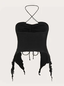 SHEIN X The Future X SHEIN ICON 大碼抽繩後背繫帶不對稱下擺掛脖上衣 - 黑色 - 查看 2