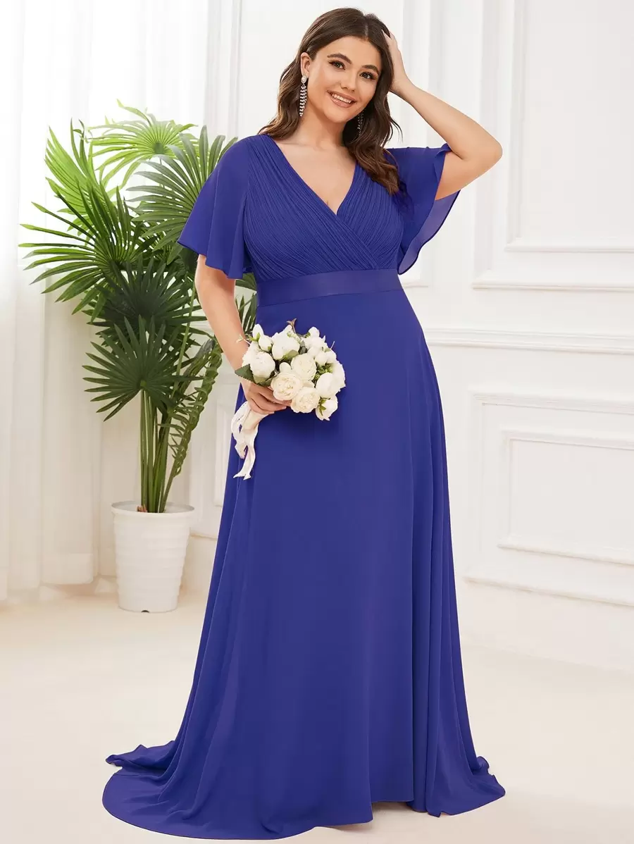 EVERPRETTY 大碼蝴蝶袖百褶雪紡伴娘連衣裙