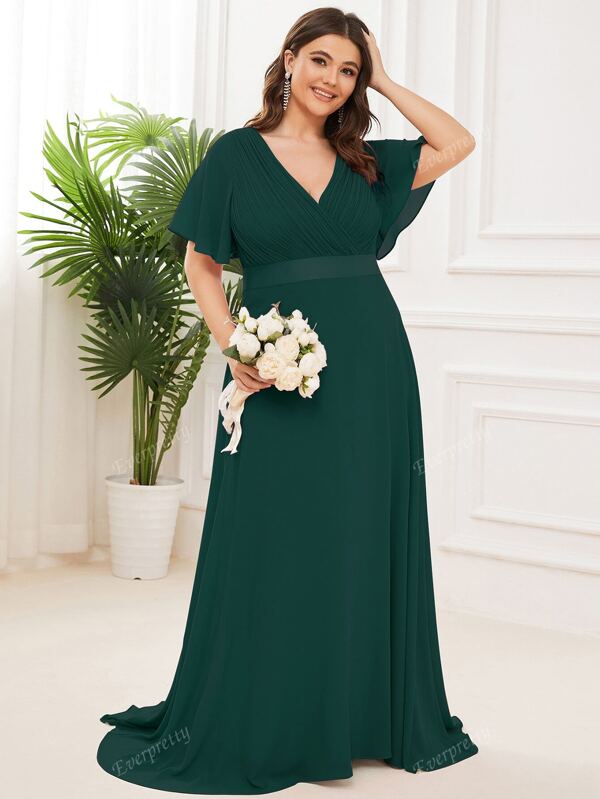 EVER-PRETTY Plus Rochie de domnisoara de onoare din sifon plisat cu maneca fluturata