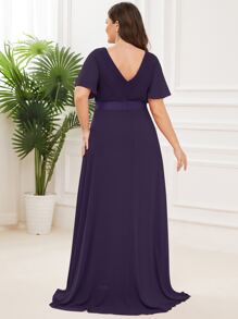 Plus Size Elegant V-Neck Ruched Bust Purple Bridesmaid Dress, Wedding Guest Formal Dress - Purple - View 3