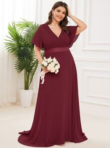 Plus Size Elegant V-Neck Ruched Bust Wine Red Bridesmaid Dress, Wedding Guest Formal Dress For Party, Mother Of Bride Dress For Wedding Dinner, Birthday, Valentine's Day - Burgundy - View 4