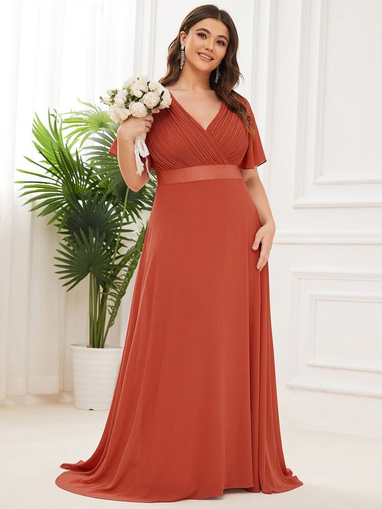 EVERPRETTY Plus Size Elegant V-Neck Ruched Bust Tangerine Bridesmaid Dress, Spring/Summer Wedding Guest Formal Dress Party