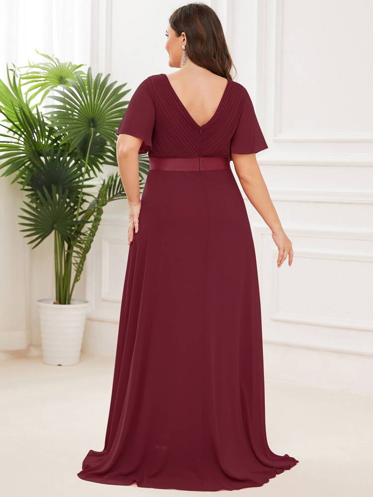 EVERPRETTY Plus Size Elegant V-Neck Ruched Bust Wine Red Bridesmaid Dress, Wedding Guest Formal Dress, Mother Of Bride Dress For Wedding Dinner, Birthday Party Spring