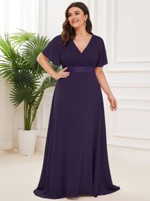 Plus Size Elegant V-Neck Ruched Bust Purple Bridesmaid Dress, Wedding Guest Formal Dress - Purple - View 4