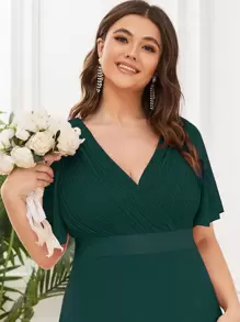 EVERPRETTY Đầm phù dâu cỡ lớn màu xanh đậm thanh lịch cổ chữ V xếp ly ngực, đầm dự tiệc cưới trang trọng. - Màu xanh lá cây đậm - Xem 5