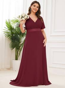 Plus Size Elegant V-Neck Ruched Bust Wine Red Bridesmaid Dress, Wedding Guest Formal Dress For Party, Mother Of Bride Dress For Wedding Dinner, Birthday, Valentine's Day - Burgundy - View 5