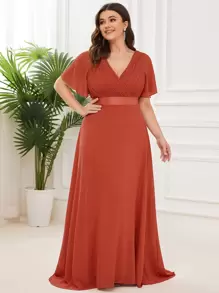 EVERPRETTY 大碼飛袖百褶雪紡連衣裙 - 亮橙色 - 查看 5