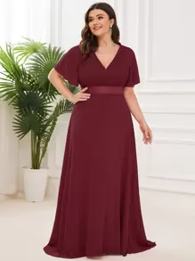 Plus Size Elegant V-Neck Ruched Bust Wine Red Bridesmaid Dress, Wedding Guest Formal Dress For Party, Mother Of Bride Dress For Wedding Dinner, Birthday, Valentine's Day - Burgundy - View 6