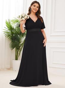 EVERPRETTY Đầm phù dâu cỡ lớn thanh lịch cổ chữ V xếp ly ở phần ngực, đầm dự tiệc màu đen trang trọng dành cho khách dự đám cưới. - màu đen - Xem 5