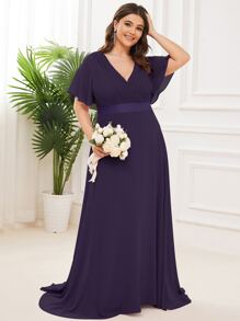 Plus Size Elegant V-Neck Ruched Bust Purple Bridesmaid Dress, Wedding Guest Formal Dress - Purple - View 5