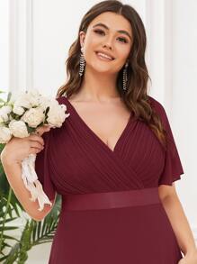 Plus Size Elegant V-Neck Ruched Bust Wine Red Bridesmaid Dress, Wedding Guest Formal Dress For Party, Mother Of Bride Dress For Wedding Dinner, Birthday, Valentine's Day - Burgundy - View 7