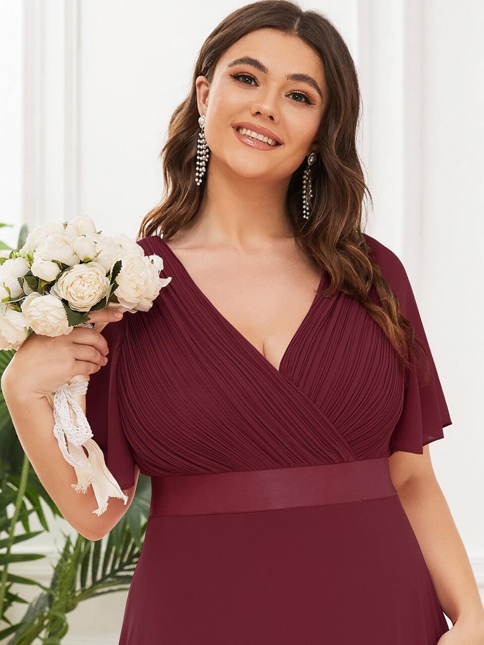 EVERPRETTY Plus Size Elegant V-Neck Ruched Bust Wine Red Bridesmaid Dress, Wedding Guest Formal Dress, Birthday Party Spring Fall