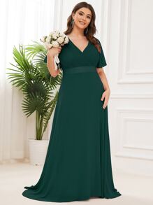 EVERPRETTY Đầm phù dâu cỡ lớn màu xanh đậm thanh lịch cổ chữ V xếp ly ngực, đầm dự tiệc cưới trang trọng. - Màu xanh lá cây đậm - Xem 7