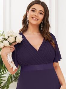 Plus Size Elegant V-Neck Ruched Bust Purple Bridesmaid Dress, Wedding Guest Formal Dress - Purple - View 6