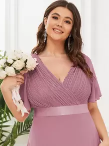 Váy phù dâu cỡ lớn thanh lịch cổ chữ V xếp ly - Bụi hồng - Xem 6