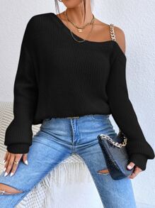 SHEIN Privé Jersey con cadena con tira de cuello asimétrico - Negro - Ver 1
