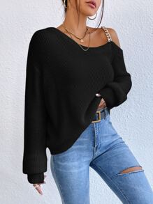 SHEIN Privé Jersey con cadena con tira de cuello asimétrico - Negro - Ver 3