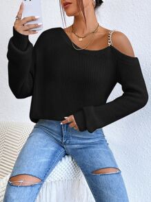 SHEIN Privé Jersey con cadena con tira de cuello asimétrico - Negro - Ver 4