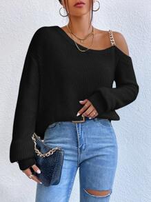 SHEIN Privé Jersey con cadena con tira de cuello asimétrico - Negro - Ver 5