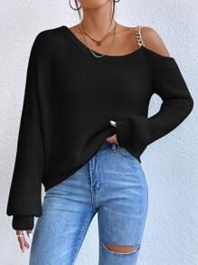 SHEIN Privé Jersey con cadena con tira de cuello asimétrico - Negro - Ver 6