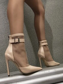 Mesh Panel Point Toe Stiletto Heeled Classic Boots - Apricot - View 7