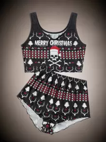 ROMWE 聖誕字母骷髏頭圖案木耳邊家居服套裝 - 黑色 - 查看 1