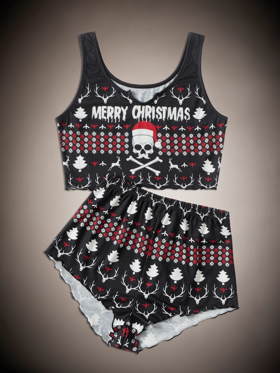 ROMWE 聖誕字母骷髏頭圖案木耳邊家居服套裝 - 黑色 - 查看 1