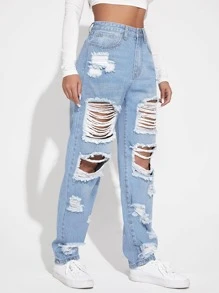 Ripped Detail Boyfriend Jeans - Light Wash - View 1