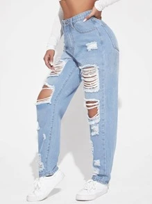 Ripped Detail Boyfriend Jeans - Light Wash - View 3