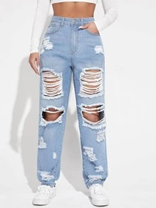 Ripped Detail Boyfriend Jeans - Light Wash - View 5