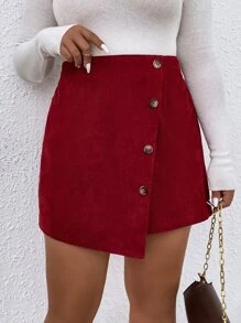 SHEIN Unity Plus High Waist Button Front Asymmetrical Skirt - Burgundy - View 3