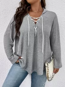 SHEIN LUNE Plus Size Grommet Lace Up Raglan Sleeve Sweatshirt - Grey - View 1