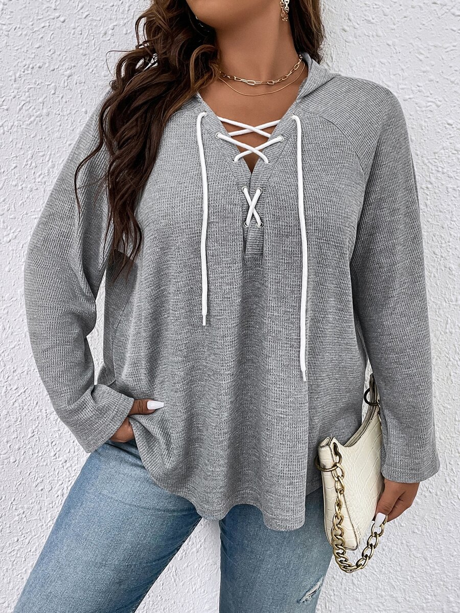 SHEIN LUNE Plus Size Grommet Lace Up Raglan Sleeve Sweatshirt - Grey - View 1