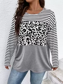 SHEIN LUNE 大碼豹紋和條紋印花落肩T恤 - 彩色 - 查看 1
