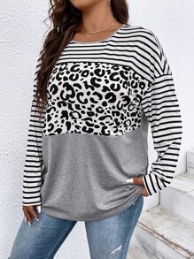 SHEIN LUNE 大碼豹紋和條紋印花落肩T恤 - 彩色 - 查看 4