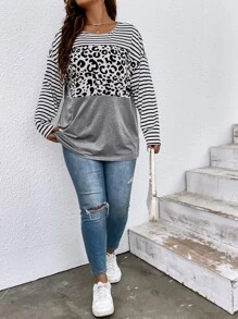 SHEIN LUNE 大碼豹紋和條紋印花落肩T恤 - 彩色 - 查看 5