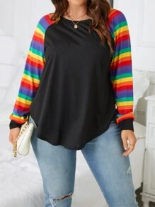 SHEIN LUNE Plus LGBT Rainbow Striped Raglan Sleeve Tee - Multicolor - View 4