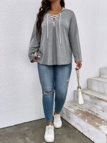 SHEIN LUNE Plus Size Grommet Lace Up Raglan Sleeve Sweatshirt - Grey - View 6