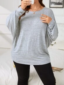 SHEIN LUNE Plus Solid Batwing Sleeve Tee - Light Grey - View 4