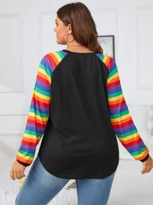 SHEIN LUNE Plus LGBT Rainbow Striped Raglan Sleeve Tee - Multicolor - View 3
